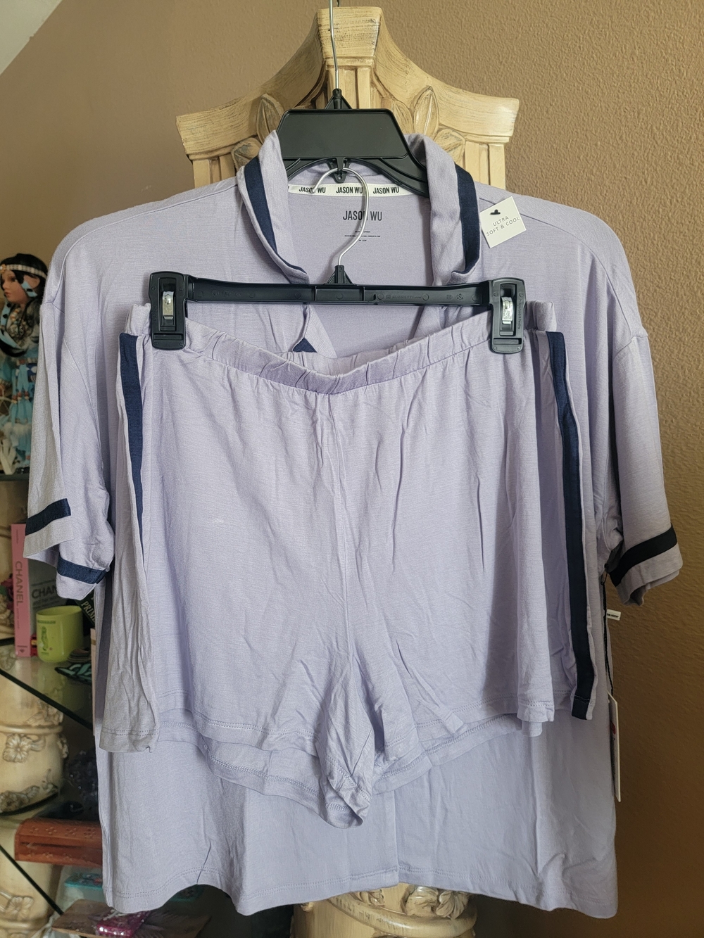 Jason Wu Lavender Short-Sleeve Pajama Set with Navy Trim